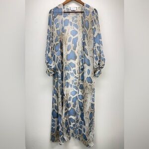Adrienne size Medium Women’s Blue Snake Print Chiffon Balloon Sleeve Duster